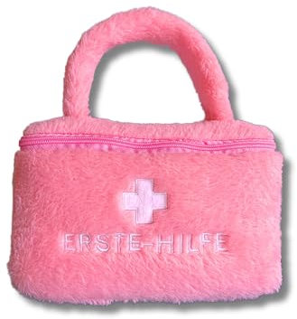 Rennecke Medic kfz verbandskasten, zertifiziert 2024 DIN 13164 StVO-konform, Damen rosa Plüschtasche mit 2 Masken & Klettstreifen,Erste-Hilfe-Set Autozubehör, ideal für Notfälle zu Hause und unterwegs