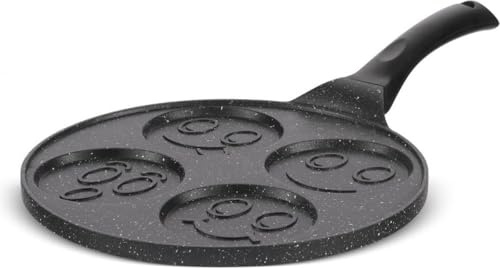 Royal Swiss® Poêle à Pancakes Smiley 26 cm – Tous Feux Dont Induction | 4 Moules Emoji | Revêtement Antiadhésif Effet Marbre | Sans PFOA | Poignée Cool-Touch