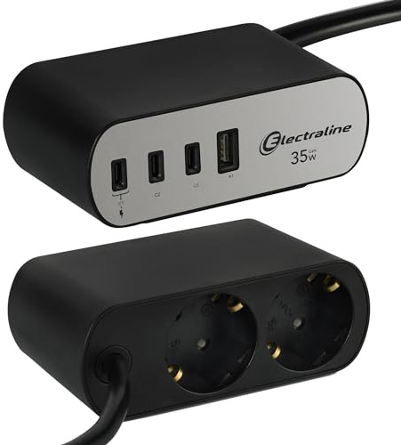 Electraline 62583 Steckdosenleiste für den Schreibtisch Electradock 2-Fach Schuko + 4 USB (1 USB A + 3 USB C PD35W) Kabel 2 m, Mehrfachsteckdose/Tischsteckdose Steckerleiste