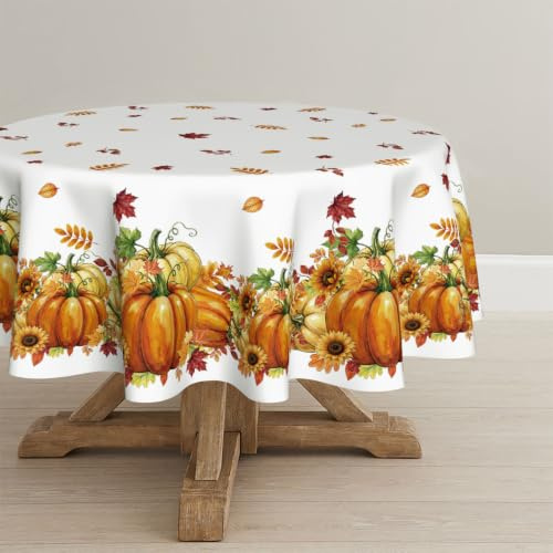 Artoid Mode Kürbisse Blätter Sonnenblumen Herbst Rund 120 cm Tischdecke | Saisonal Fall Fleckschutz Tischwäsche Küche Party Dekor