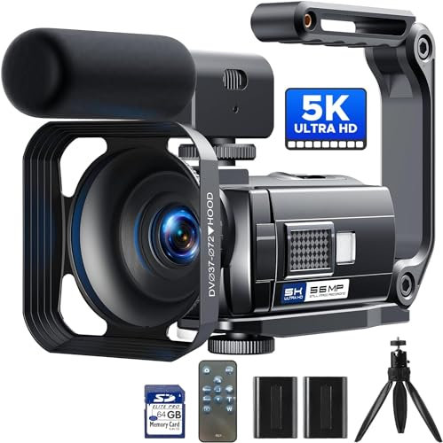 Videokamera 5K 56MP Camcorder Vlogging Kamera für YouTube,WiFi Nachtsicht 3 270° drehbarer Touchscreen Video Vlogging Camera mit 64GB Karte, Mikrofon, Stabilisator, Fernbedienung,2 Batterien,Stativ