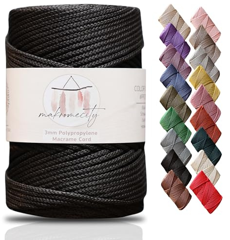 Makromecity, Cordón de macramé de poliéster, 3 mm x 131 Yardas, 3 mm, Polipropileno, Negro, para Bolsa de macramé, para Colgar en la Pared, Bolsos, Placa Inferior, Alfombra