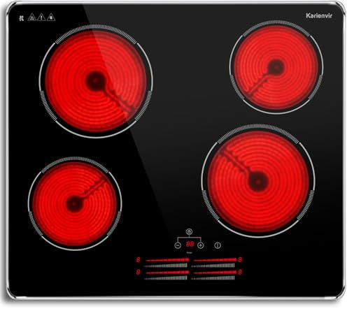 Karienvir Ceramic Hob, Electric Hob 60cm Built in, Ceramic Hob 4 Zones 6000W, Glass Protection Metal Frame, 9 Power Levels, Kitchen Ceramics Hob with Safety Lock, Timer, 220-240V Hard Wire