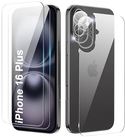 Tieeyivv Protector de Pantalla Compatible con iPhone 16 Plus 6.7'' Trasera Cristal Templado+ Trasera Protector de Lente de Cámara, Cobertura Total Vidrio Templado [9H Dureza] HD Film Cristal Templado