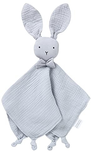 LAWKUL Baby-Schmusetuch Bio-Baumwolle Musselin weich Kuscheldecke für Neugeborene Jungen und Mädchen 40x40cm Häschen Grau