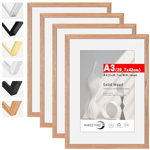 HIMEETIME® 4x Bilderrahmen DIN A3 30x42 cm,aus massivem Eichenholz mit Plexi-glass front,Natur Eiche Holz Rahmen,für Bilder A4(21x30cm) mit Matte,für Wandbehänge oder Tischdekoration