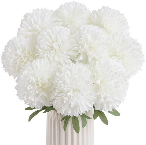 BonBloom's Künstliche Chrysanthemen, Kugelblumen, weiße Seide, größere Blumen mit Stielen für Muttertag, Ostern, Hochzeit, Frühling, Heimdekoration, Innenbereich, Weiß, 10 Stück