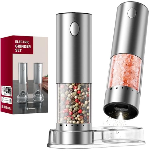 CIRCLE JOY Electric Salt and Pepper Grinder Set Rechargeable Stainless Steel Salt and Pepper Shakers with White LED Light and Storage Base, External Adjustable Coarseness for Hygienic Easy Use, Silver