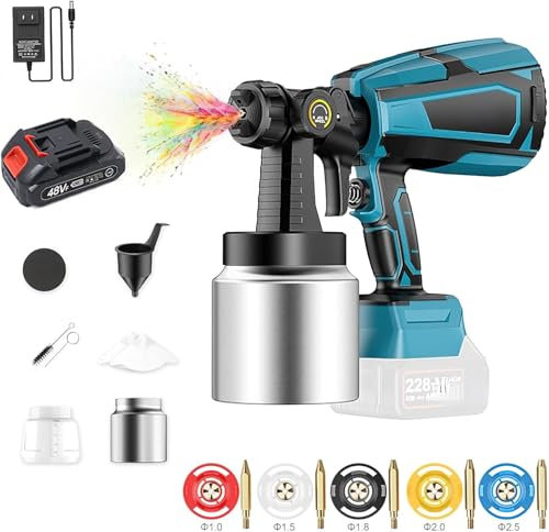 Pistola per pittura senza fili, pistola per pittura elettrica con 5 ugelli in rame e 3 motivi, serbatoio da 1000 ml, con batteria e caricatore per mobili recinzioni muri porte giardino terrazza