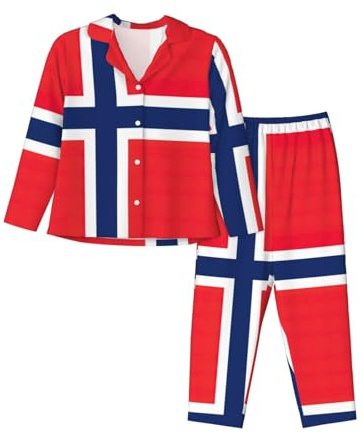 QASNLU Norwegian flag print Women's long sleeve cardigan pajamas set home wear lounge set sleep comfortably Black