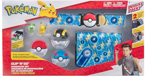Pokemon Clip N Go Bandolier Promo Set - 5cm kamp figuren Pikachu & Sprigatito - 3 Pokéballs, Belt, Bag - Leksakset for barn 4+ - Officell Pokémon produkt for barnleksak