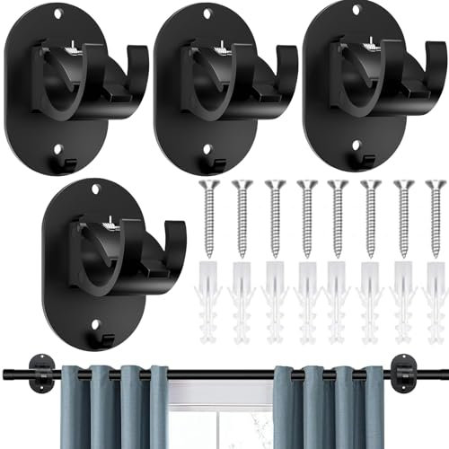 PacuM Adhesive Curtain Rod Holder, 4 Pcs No Drill Curtain Pole Brackets Self Adhesive Curtain Hooks Wall Brackets Fixing Rod Holder Towel Rod Hooks with Screws for Home Bathroom Kitchen (Black)