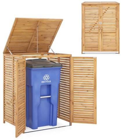 GYMAX Contenitore per Rifiuti, Resistente alle Intemperie da 120 L in Legno di Abete, Contenitore per Attrezzi con Coperchio a Ribalta e Catena Metallica, Scatola di Stoccaggio con Porta Bloccabile