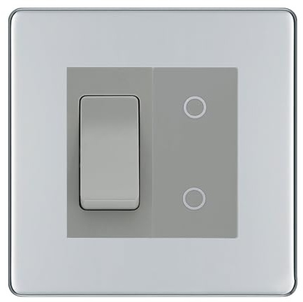 BG Polished Chrome Screwless 2 Gang Custom Switch 1x 2 Way Switch 1x Secondary Touch Dimmer Grey Inserts
