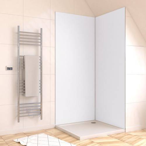 Marwell Urbanox Pannello da parete bianco 90 x 210 cm – con profilo di finitura nero – Pannello composito in alluminio senza fughe come parete posteriore della doccia e parete posteriore della cucina
