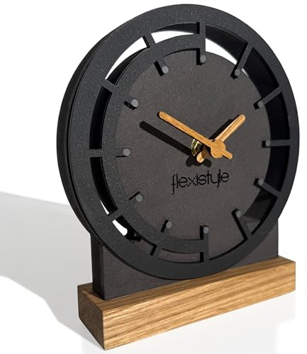 FLEXISTYLE Modern standuhr tischuhr klein aus Holz Eiche Wohnzimmer Badezimmer Uhr Holz tischuhren holzuhr Tisch Uhr tischuhr modern standuhr Clock schwarz (Style 6)
