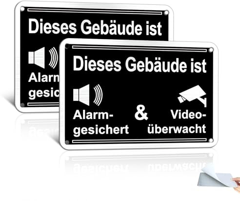 Goodvia 2x Schild Videoüberwachung Aufkleber Dieses Objekt ist Alarmgesichert und Wird Videoüberwacht 15x10cm Metall Gebürstetes Alu Schwarz