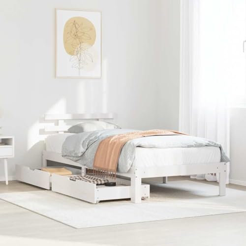 MOBCANT Massivholzbett mit Schubladen, Seniorenbett Betten Bettrahmen Polsterbett Geeignet für Wohnungen Hotel Schlafzimmer Schulen Weiß 90x200 cm Kiefer