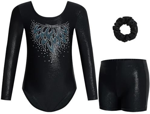 Gogokids Maillots de Gymnastique Trois Pièces pour Filles, Ensemble de Gymnastique à Manches Longues avec Short et Bandeau, Justaucorps de Danse Brillant avec Design de Couleur Dégradée pour 3-12 Ans