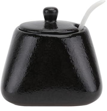 DUANxiaoyanK Zuccheriera in ceramica con coperchio e cucchiaio, in porcellana, per condimenti, condimenti, condimenti, ciotola per condimenti, ciotola per cucina, nero