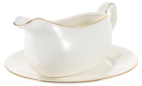 MUELODSIC Gravy Sauce Boat with Tray Large White Porcelain Condiment Boat Gold Rim for Table Serving and Steak Sauces