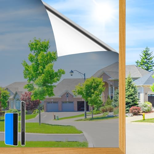 Aurathon Fensterfolie Sonnenschutz Spiegelfolie Fenster Sichtschutz mit Montagematerial 90x400cm UV-Schutz Hitzeschutz Selbsthaftend von Innen Durchsichtig von Aussen Blickdicht Silber