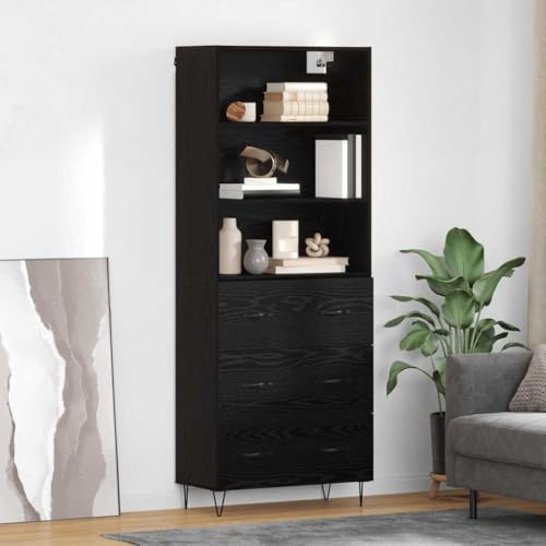 QJBSAVVA Highboard Schwarz Eiche 69,5x32,5x180 cm Engineered Wood mit Glas, Industrial Sideboard mit Schublade, Modernes Küchen Regal, Eckvitrine für Wohnzimmer Flur Büro