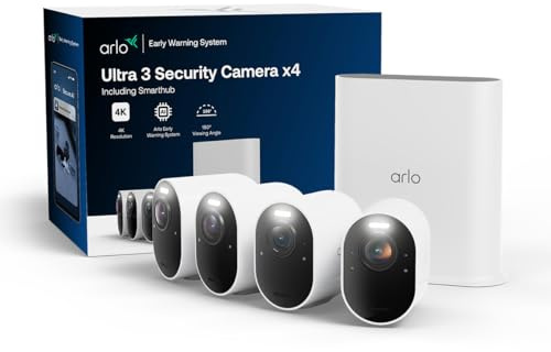 Arlo Ultra 3 säkerhetskamera utomhus, 4K UHD, trådlös CCTV, 6-månaders batteri, färg nattvision, väderbeständig, ljus spotlight, 2-vägs ljud, 3-kamera-kit, Arlo Secure Trial ingår, vit