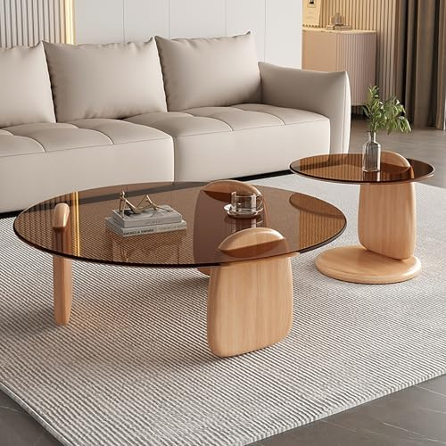 LIGUIEN Mesa de Centro Redonda Cristal, Mesa Nido Juego de 2, Patas de Madera Maciza, Vidrio Templado para Salón Dormitorio Oficina-Fácil Montaje(Natural-A,70+50cm/28+20in)