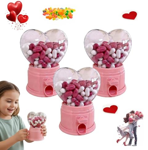 Distributore di caramelle a forma di cuore, distributore di caramelle di San Valentino, mini macchina rosa trasparente per bomboniere, regali per insegnanti e dolcetti di scambio di San Valentino, 3