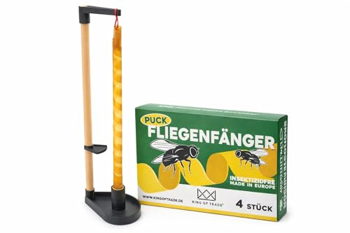 King of Trade Fliegenfänger Set – 1x Puck + Halter für Fliegenstreifen – Fliegenfalle ohne Gift – Insektenfalle für Küche, Fenster, Balkon & Haushalt