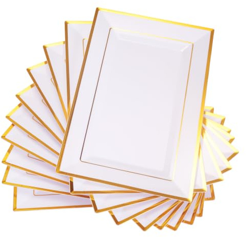 10 Pack Plastic Serving Platters, White with Elegant Gold Rim, Reusable BPA Free Food Serving Trays for Weddings, Birthday Parties, Buffet, Charcuterie, Cupcake & Dessert Display - 32x21x1cm