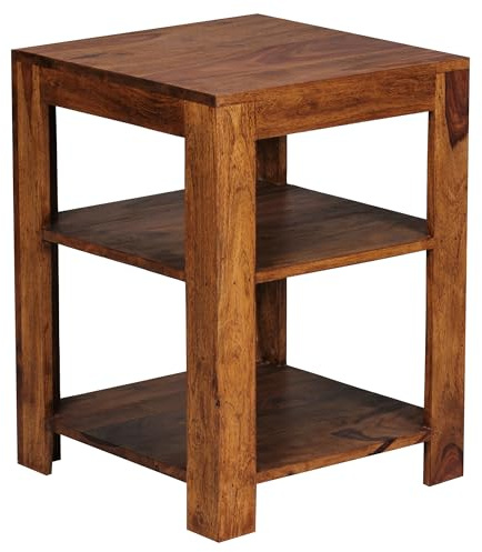 FineBuy Standregal 44x44x60 cm Sheesham Massivholz mit 3 Ablagen Braun | Stehregal aus Echtholz mit 2 offenen Fächern, Beistelltisch für Wohnzimmer und Diele, Ablagetisch, handgefertigtes Unikat