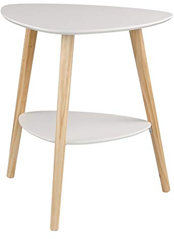 eSituro Beistelltisch Weiß, Wohnzimmertisch mit 2 Tischplatten, Couchtisch skandinavisch, Sofatisch minimalistisch, dreieckiger Kleiner Tisch, mit Beinen aus Massivholz, 50x55x40 cm SCD0085