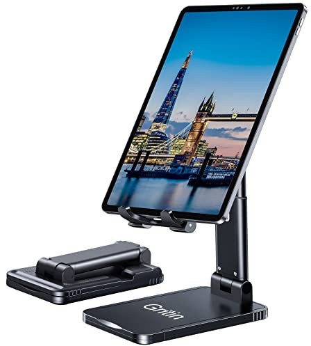 Gritin Verstellbar Tablet Ständer Tisch Tablet Halter, Faltbar Tabletständer Aluminium Handy Ständer Schreibtisch Super Stabil für neu iPad 12,9, 11, Air, Mini und Allen 4–12.9 Tablets & Handys