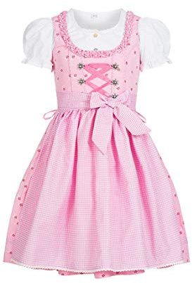 Nübler Dirndl Mädchen Linda - 3-teiliges Set inkl. Bluse & Schürze - Rosa, Original bayerische Tracht - Hochwertige, Pflegeleichte Qualität - Kinderdirndl für Oktoberfest
