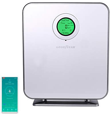 Goodyear - Purificador de Aire con Filtro HEPA H13 y Luz UV C, Hasta 88 m², Generador de Iones Negativos, Pantalla LCD, CADR 220 m³/h, Modo Sleep, con Mando y APP