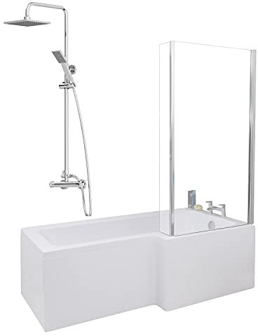 1700 x 855mm Right Hand L Shaped Shower Bath Bathroom Bathtub Glass Shower Screen Front Panel & Thermostatic Mixer Shower Set Handheld Chrome Square Rainfall Head