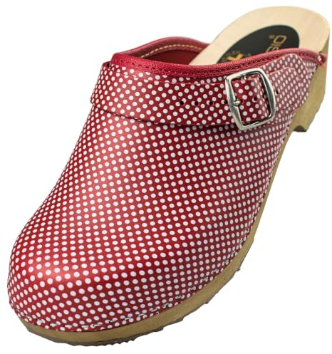 APREGGIO Schwedische Leder Holzclogs Damen Geschlossene Spitze 36/41 EU | Handgefertigt, 5 cm Blockabsatz, rutschfeste Gummisohle, orthopädisches Fußbett, atmungsaktiv, Schlupfdesign