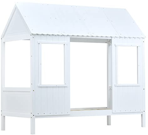 HUMNZR vielseitiges Kinderbett aus Massivholz mit Rausfallschutz und Lattenrost, mit 2 Fenstern, Kiefernrahmen, MDF-Dach, weiß