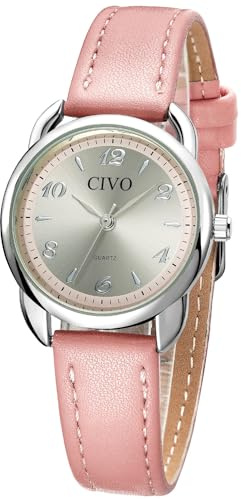 CIVO Uhr Damen Rosa Leder Zahlen Klassisch Quarz Analog Armbanduhr Damen Wasserdicht Minimalistische Elegante Lässig Geschenke Uhren fur Damen Frauen
