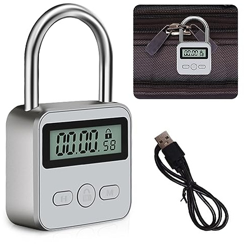 BNGXR Smart Time Lock, USB Recargable Candado Seguridad Bloqueo de Tiempo con LCD Pantalla para Oficina Candado Numerico de Metal Bloqueo de temporizador para Prevenir Malos Hábitos (Plata)
