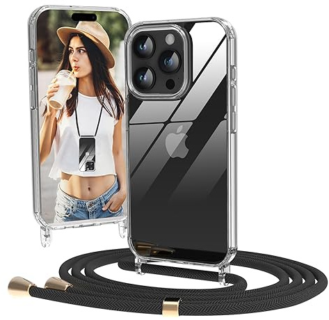 Nupcknn Transparente Coque avec Cordon pour iPhone 15 Pro,Anti-Jaunissement Transparente Coque Antichoc Housse Collier Réglable Téléphone Étui Portable Lanyard Case Protection Complète Cover(6.1,Noir