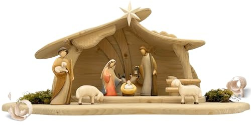 Akantus Weihnachtskrippe aus Holz: 8-teiliges Figuren Set bemalt mit Stall (bemalt, 10 cm)