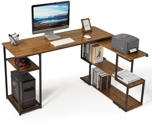 Mondeer Bureau d'angle,Bureau avec Rangement,135x110x75cm,Marron Rustique