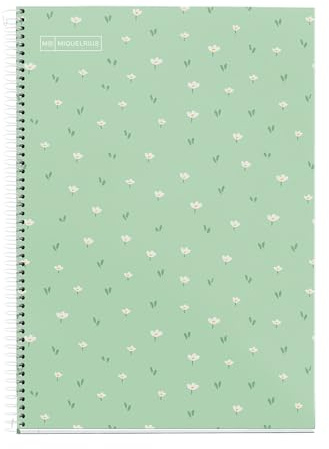 Miquelrius - Cuaderno Escolar 4x4 mm, Tamaño Folio (215 x 309 mm), 80 Hojas de 90 g/m², Cuadrícula 4x4 mm con margen, Encuadernado Espiral, Cubierta rígida, Diseño flores verdes
