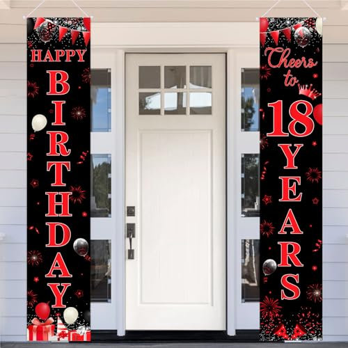 Sursurprise Happy 18th Birthday Türbanner Rot Schwarz für Jungen Mädchen Happy Birthday Cheers to 18 Years Tür Veranda Schild Banner 18 Jahre alt Indoor Outdoor Geburtstag Party Dekorationen