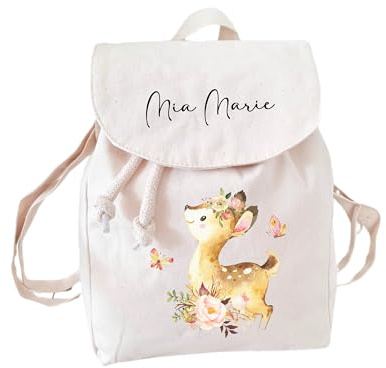 Lolleby´s Kindertraumland Kinderrucksack Reh mit Namen personalisiert, für Kindergarten Kita, Verstellbare Gurte, Mini Kindergartenrucksack, Kleinkind Tasche, Kindergartentasche