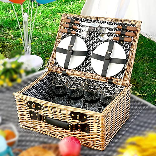HAVVMK Picknickkörbe für 4 Personen – Luxuriöse Picknickkorb-Sets aus Weide – Premium-Set mit Besteck, Tellern, Salz- und Pfefferstreuern, Weingläsern und Flaschenöffner, für Camping-Part