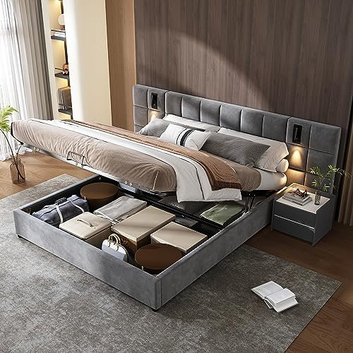 Ctastay Polsterbett Doppelbett 180x200 cm mit USB-Aufladung & Richtungsabhängige Lampe, Stauraumbett Bett mit Hydraulischem Stauraum, Bettgestell mit Lattenrost & Kopfteil, Samt, Grau (Ohne Matratze)